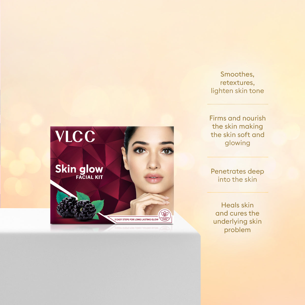 VLCC Skin Glow Facial Kit packaging with a woman's face on a beige background
