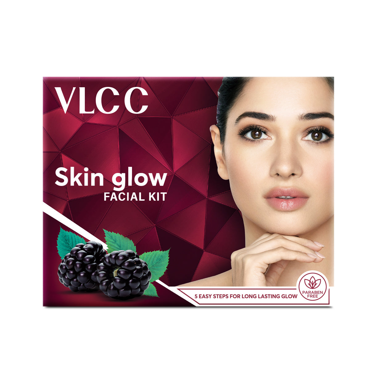 VLCC Skin Glow Facial Kit packaging with a woman's face and blackberries on a red geometric background