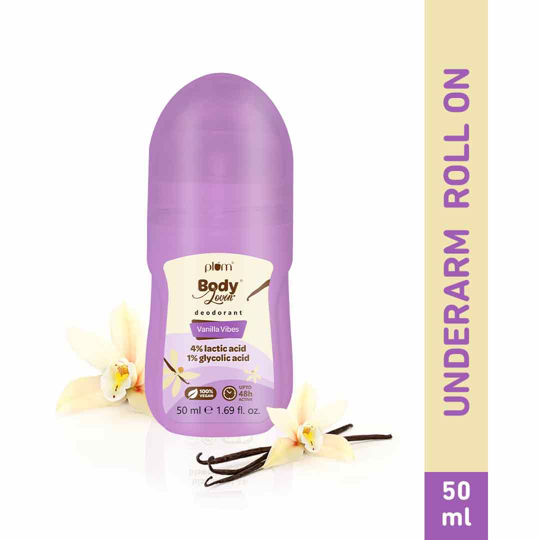 Plum Vanilla Vibes Deodorant Roll On by Plum BodyLovin' | 4% Lactic Acid & 1% Glycolic Acid | Controls Odor & Fades Underarm Darkness | Warm Vanilla Fragrance, 50ml Buy at Indicrest Image 2