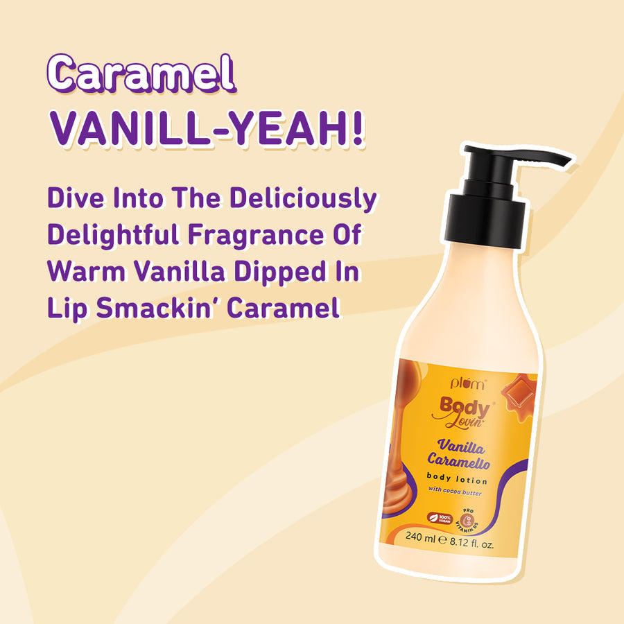 Plum Vanilla Caramello Body Lotion by Plum BodyLovin' | Deep Moisturization| Non-Greasy | Warm & Cozy Vanilla Fragrance | Normal To Dry Skin, 240ml Buy at Indicrest Image 3