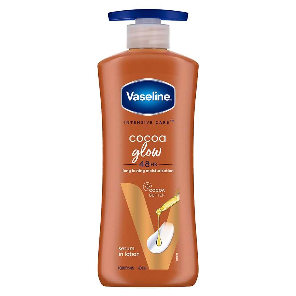 Vaseline Cocoa Glow lotion bottle on a white background