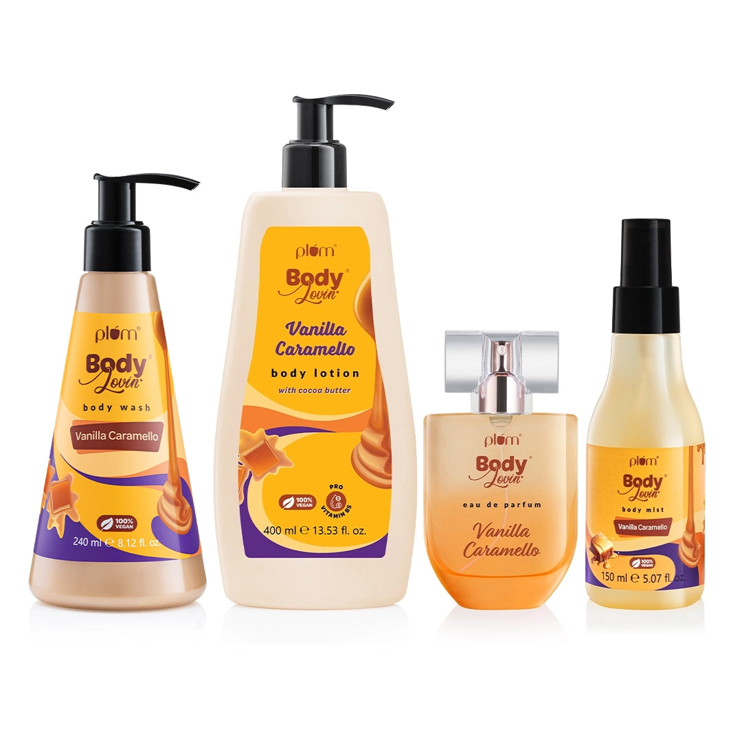 Plum Vanilla Caramello Bath & Body Bundle by Plum BodyLovin' | Body Wash, Body Lotion, Perfume & Body Mist | Complete Vanilla Caramello Bundle | Bodycare Routine