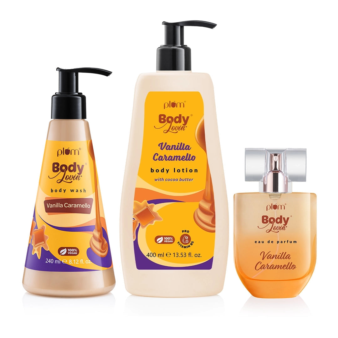 Plum Best Of Vanilla Caramello Trio by Plum bodyLovin' | Body Wash, Body Lotion & Perfume | Cleanses Without Drying | Moisturises Dry Skin | Long Lasting