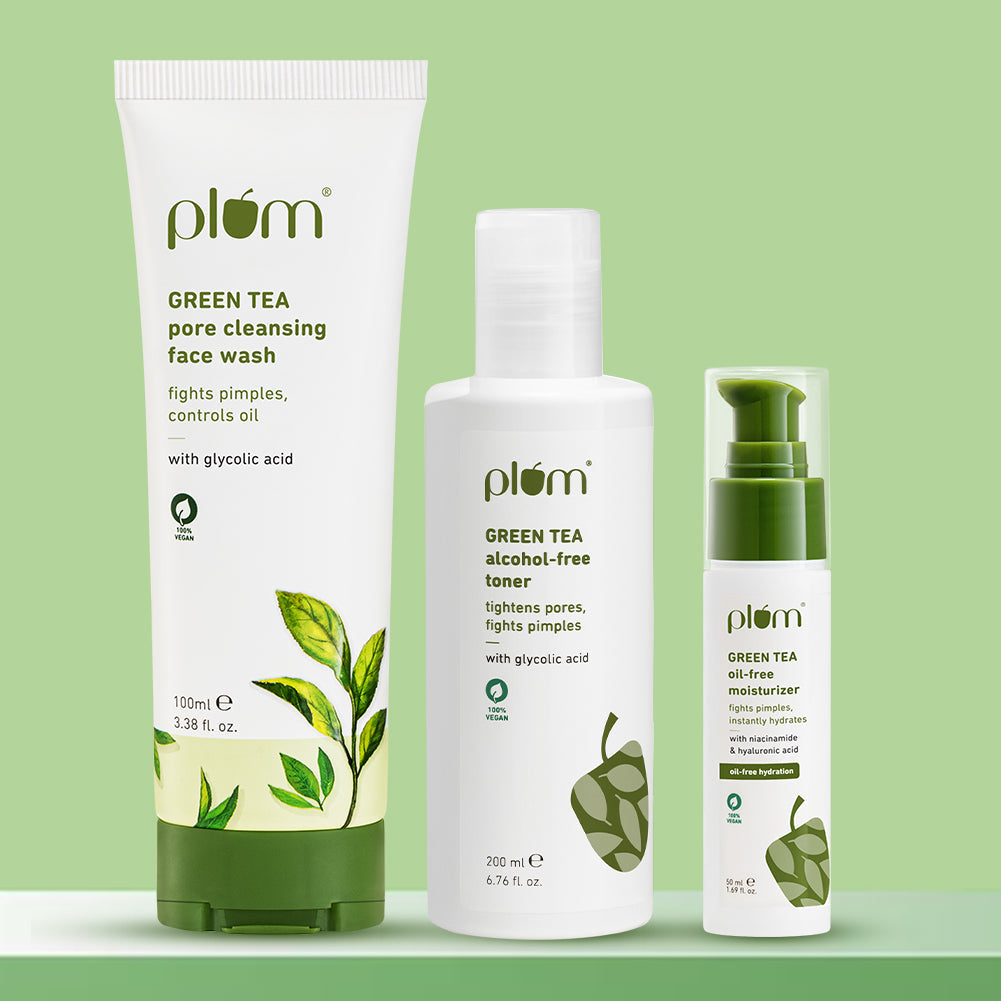 Plum Plum Green Tea CTM routine for Oily, Acne-prone Skin with Green Tea Face Wash, Green Tea Toner and Green Tea Moisturizer | Removes 99% Impurities | Alcohol-Free Toner | Non-Comedogenic, Lightweight Moisturizer