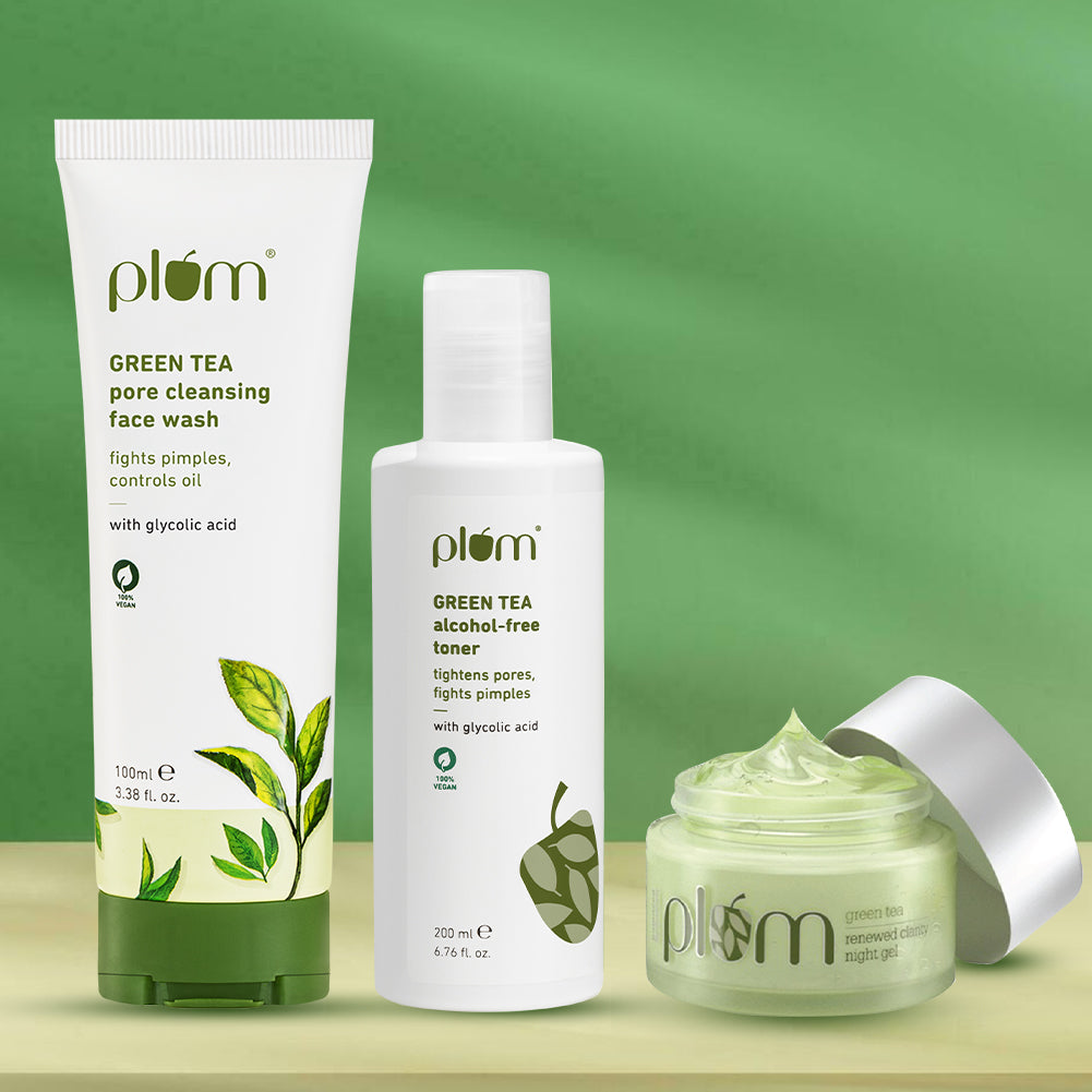 Plum Plum Green Tea PM Reset Kit for Oily, Acne-prone Skin with Green Tea Face Wash, Green Tea Toner, and Green Tea Night Gel | Removes 99% Impurities | Alcohol-Free Toner | Non-Greasy Night Gel