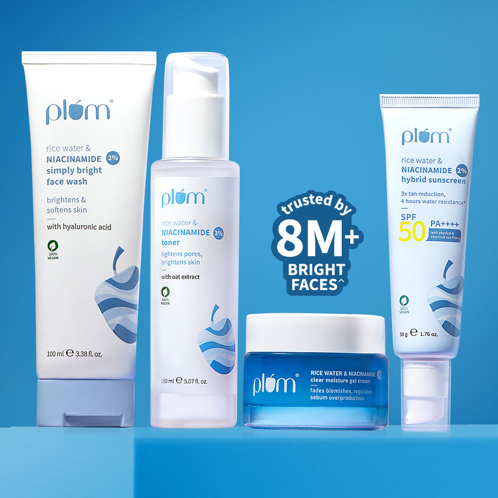 Plum Niacinamide & Rice Water CTMS Combo | Face Wash, Toner, Moisturizer & Sunscreen | Brightens Skin | Fades Blemishes | Tightens Pores | SPF50 PA++++