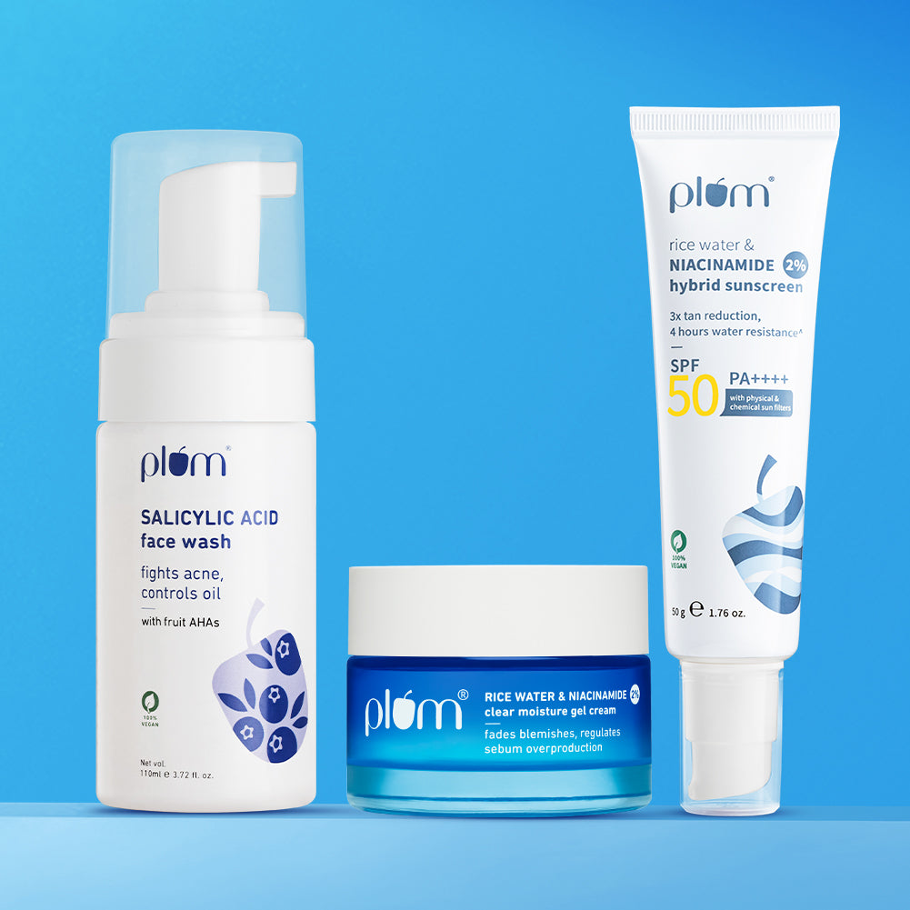 Plum Brightening Combo for Acne-prone skin with Salicylic Acid Face Wash, Niacinamide Gel Cream & Niacinamide SPF50 Sunscreen | For Oily, Acne-Prone Skin | Brightens & Hydrates | SPF50 PA++++