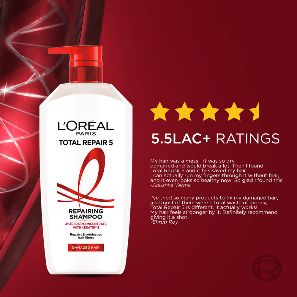 L'Oreal Paris Total Repair 5 Repairing Shampoo With Keratin XS For Damaged Hair, 1 Litre Buy at Indicrest Image 7