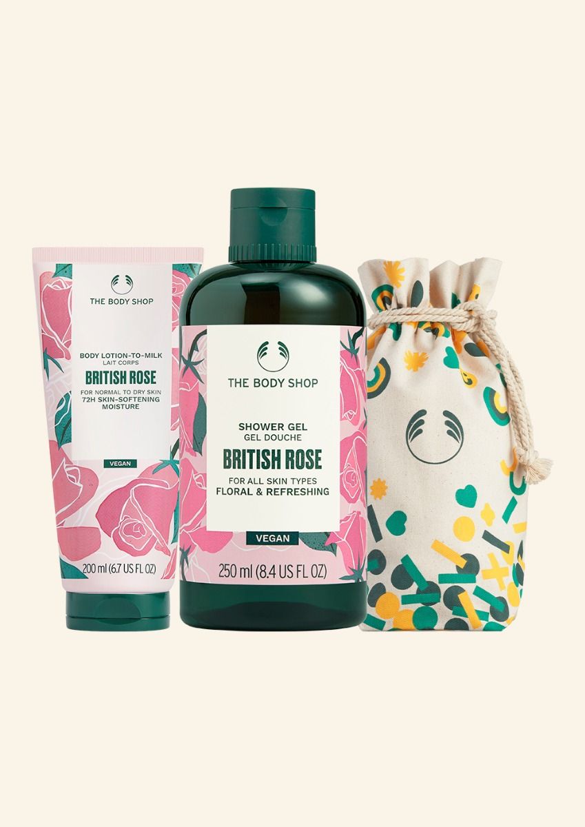 The Body Shop British Rose Shower Gel & Body Lotion Duo With Pouch, 3pc