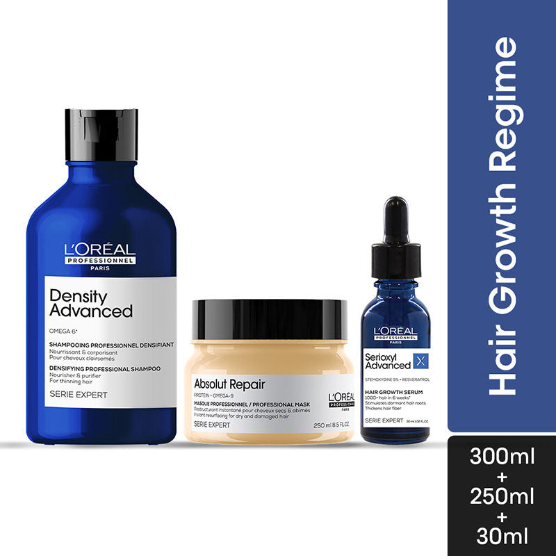 L'Oreal Professionnel Density Advanced Shampoo 300ml, Absolut Repair Mask 250ml & Advanced Leave-In Serum 30ml Combo
