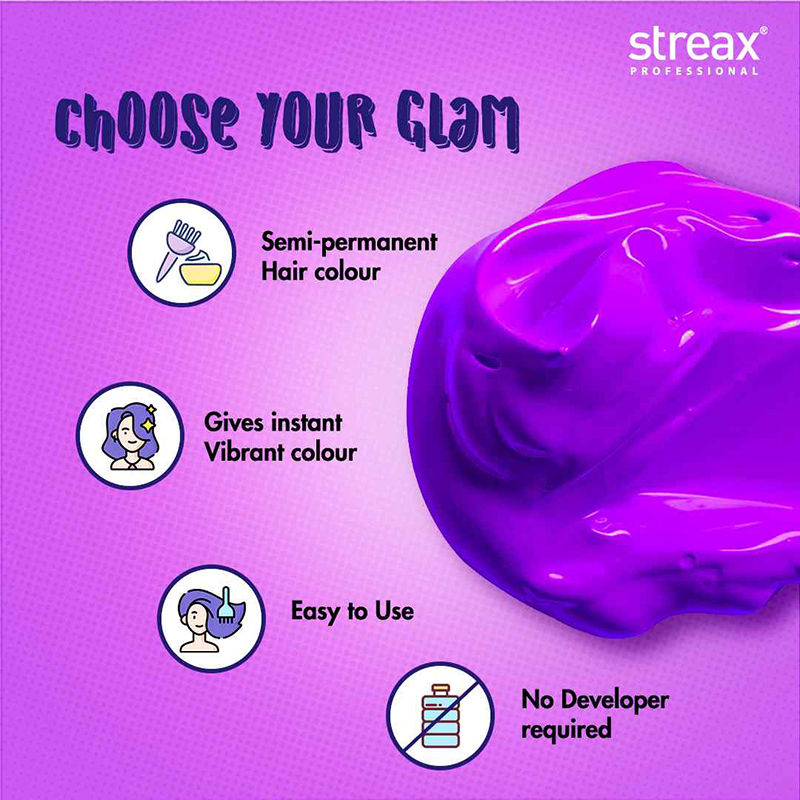 Streax Professional Hold & Play Funky Colour, Ammonia Free, Semi-Permanent Hair Colour, Crazy Violet, 100g Buy at Indicrest Image 2