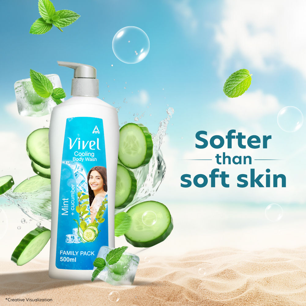 Vivel Refreshing Cooling Body Wash Mint & Cucumber Pump Bottle Shower Gel, 500ml Buy at Indicrest Image 3