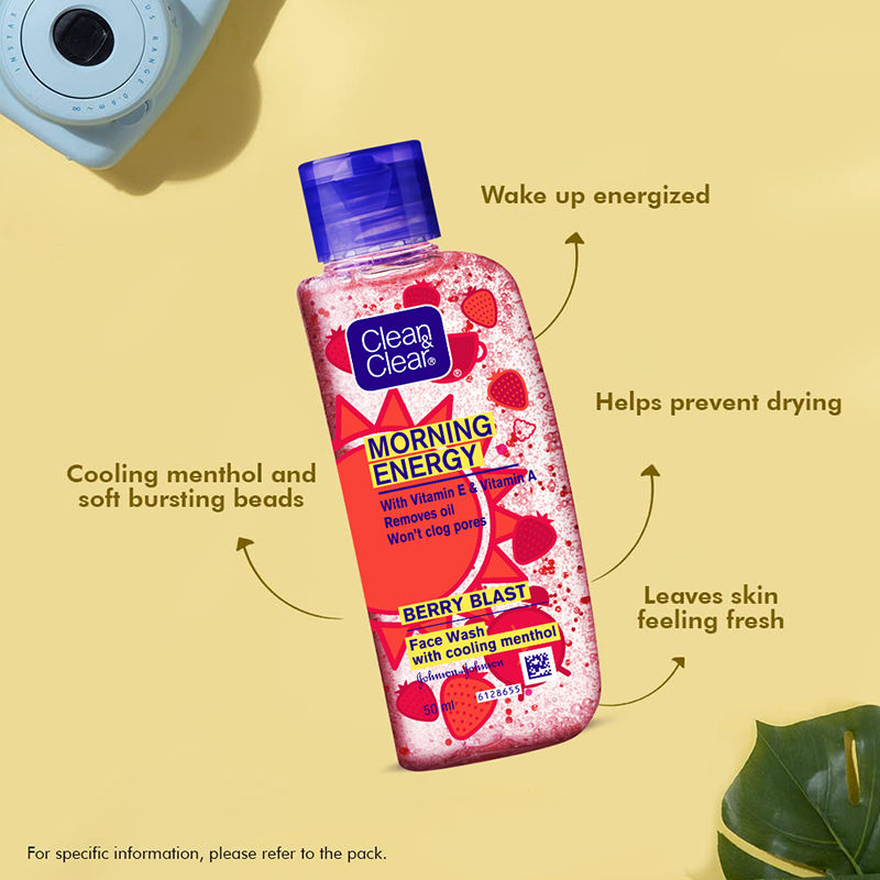 Clean & Clear Morning Energy Berry Blast Face Wash - Gentle Cleanser with Menthol for Oily Skin, 50ml Buy at Indicrest Image 2
