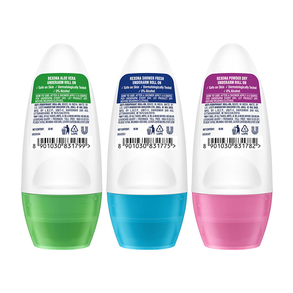 Rexona Aloe Vera, Shower Fresh & Powder Dry Underarm Roll On (Pack Of 3), 3 pieces Buy at Indicrest Image 3