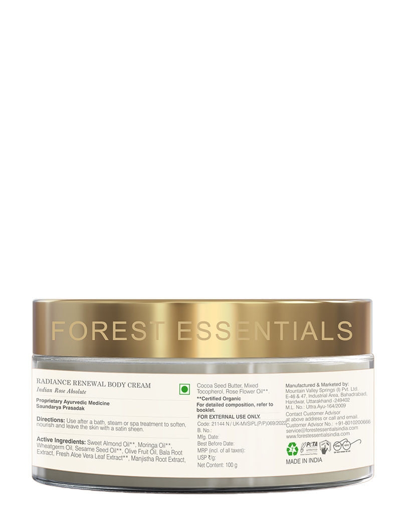 Forest Essentials Radiance Renewal Body Cream Indian Rose Absolute - For Dry Skin Repair, 100g