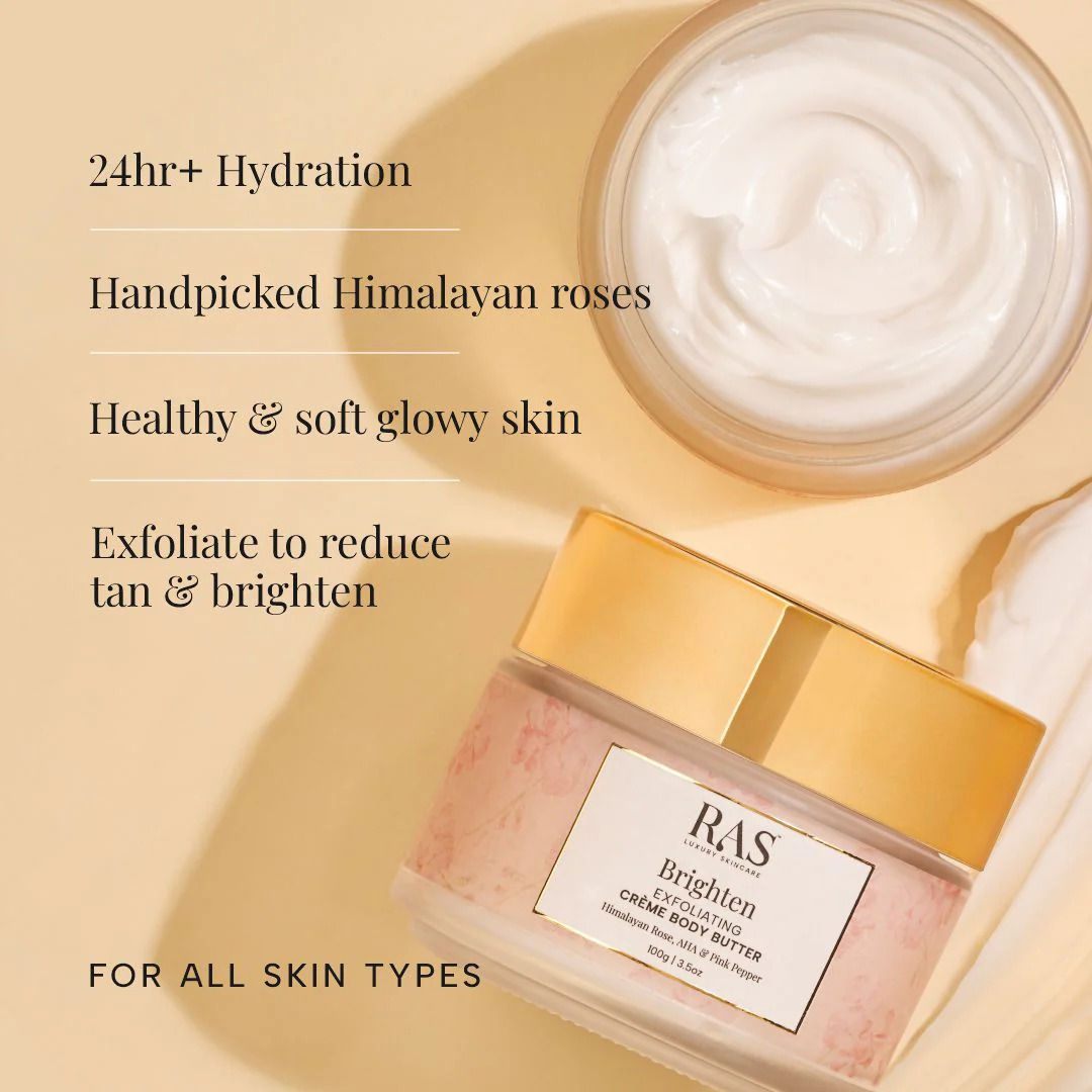 RAS Luxury Oils Brighten Exfoliating Creme Body Butter Enriched With Himalayan Roses & Pink Pepper, 100g