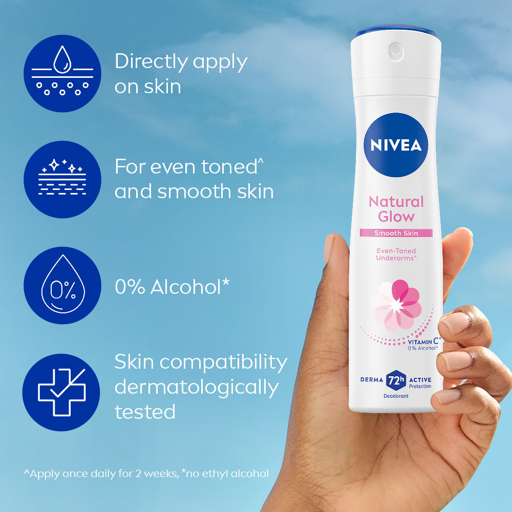 Nivea Natural Glow Smooth Skin Deo - Mulethi Extracts & 0% Alcohol - For Even Tone Underarms & 72H Odour Protection, 150ml Buy at Indicrest Image 5