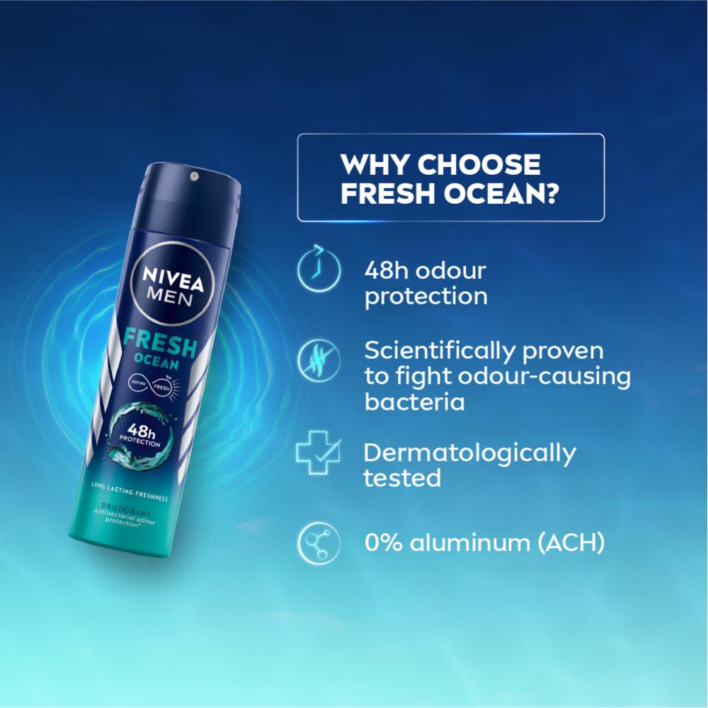 Nivea MEN Deodorant, Fresh Ocean, 48h Long lasting Freshness with Fresh Aqua Scent, 150ml Buy at Indicrest Image 4