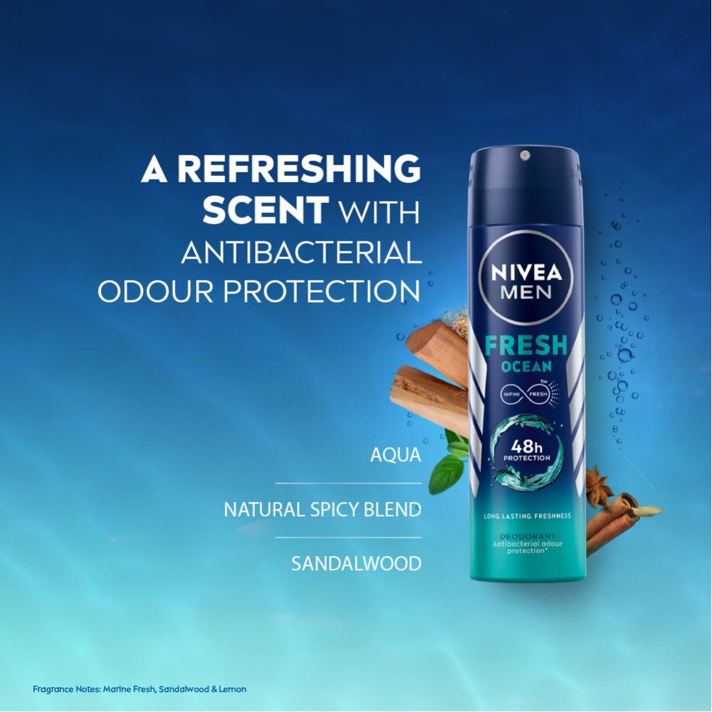Nivea MEN Deodorant, Fresh Ocean, 48h Long lasting Freshness with Fresh Aqua Scent, 150ml Buy at Indicrest Image 5