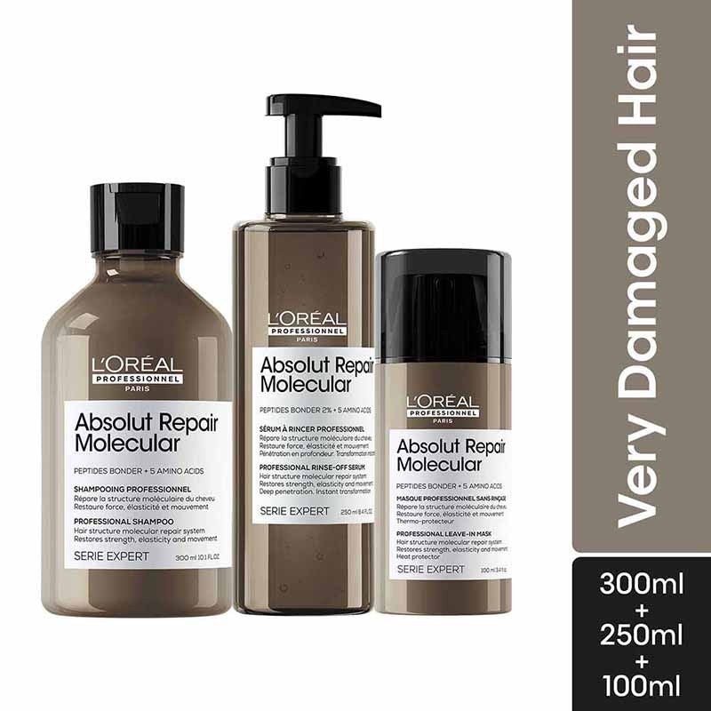 L'Oreal Professionnel Absolut Repair Molecular Shampoo, 300ml | Rinse-Off Serum, 250ml & Leave-In Cream, 100ml Combo