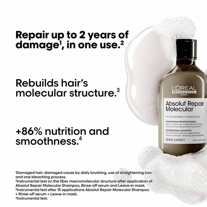 L'Oreal Professionnel Absolut Repair Molecular Shampoo 300ml | Rinse-Off Serum, 250ml Combo For Very Damaged Hair