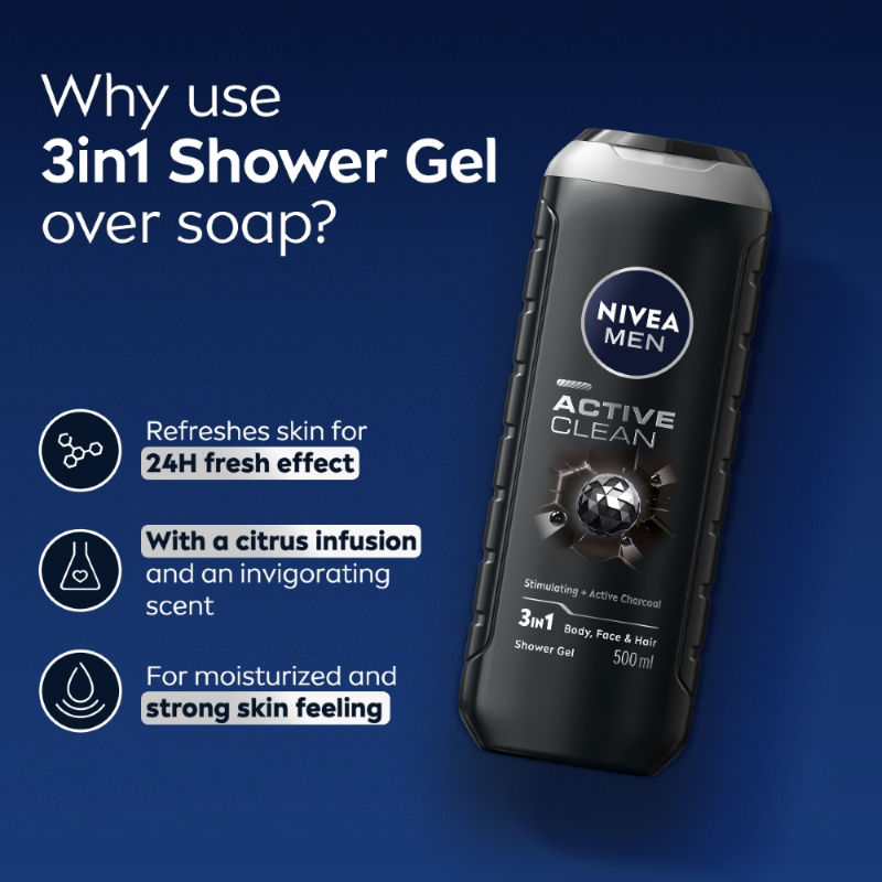 Nivea MEN Body Wash, Active Clean with Active Charcoal, Shower Gel for Body, Face & Hair, 500ml Buy at Indicrest Image 5