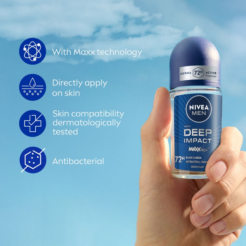 Nivea Men Deodorant Roll On Deep Impact Maxx Tech Freshness Black Carbon 72H Anti Perspirant Freshness, 50ml Buy at Indicrest Image 4