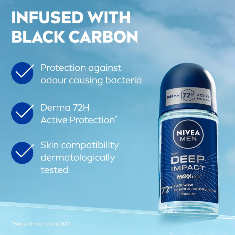 Nivea Men Deodorant Roll On Deep Impact Maxx Tech Freshness Black Carbon 72H Anti Perspirant Freshness, 50ml Buy at Indicrest Image 5