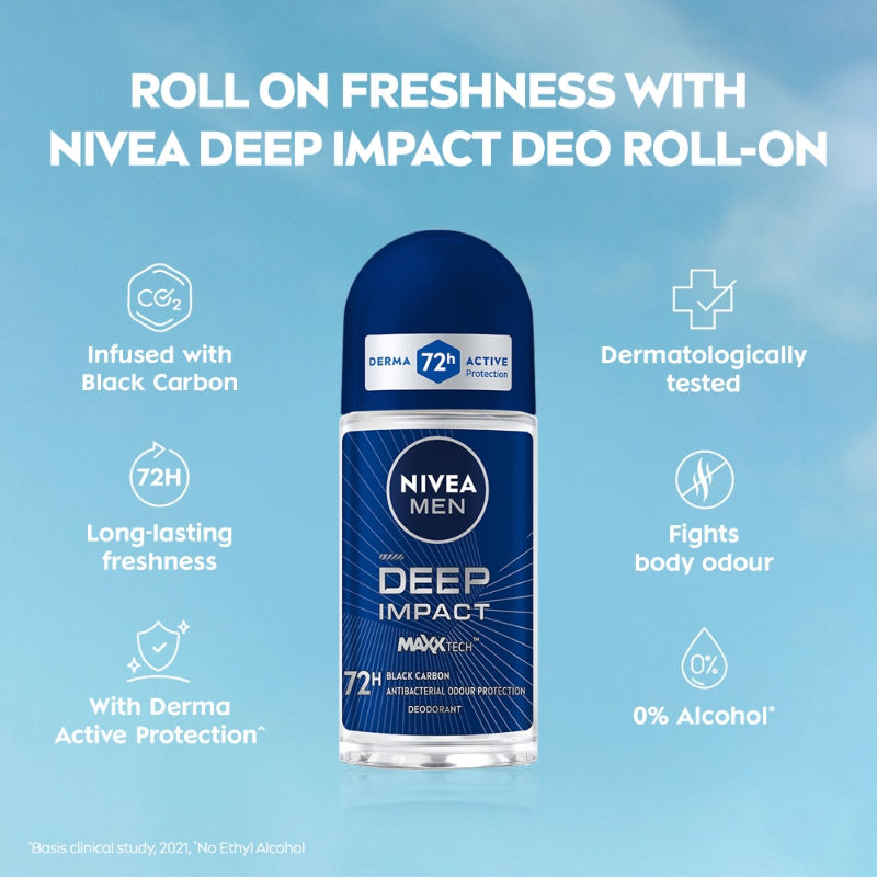 Nivea Men Deodorant Roll On Deep Impact Maxx Tech Freshness Black Carbon 72H Anti Perspirant Freshness, 50ml Buy at Indicrest Image 8