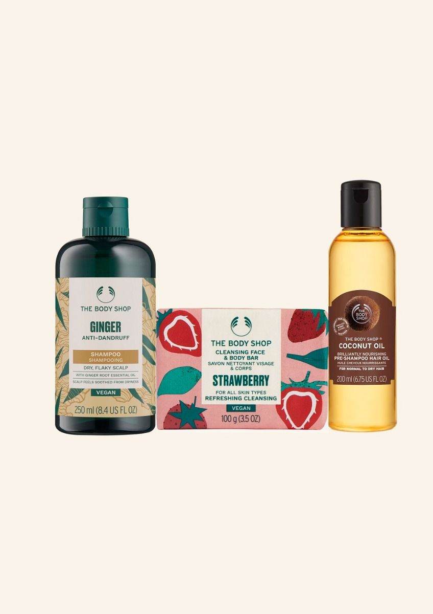 The Body Shop Ginger Shampoo,Strawberry Soap & Hair Oil Combo, 3pc