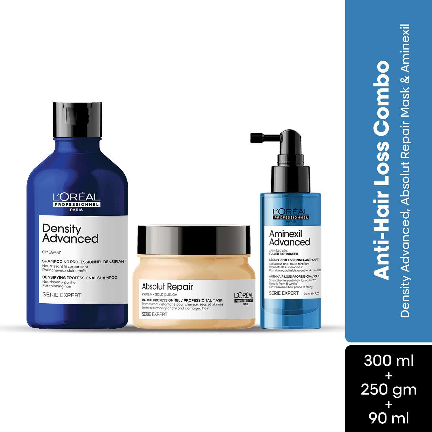L'Oreal Professionnel Density Advanced Shampoo, Absolut Repair Hair Mask and Aminexil Advanced Serum Combo