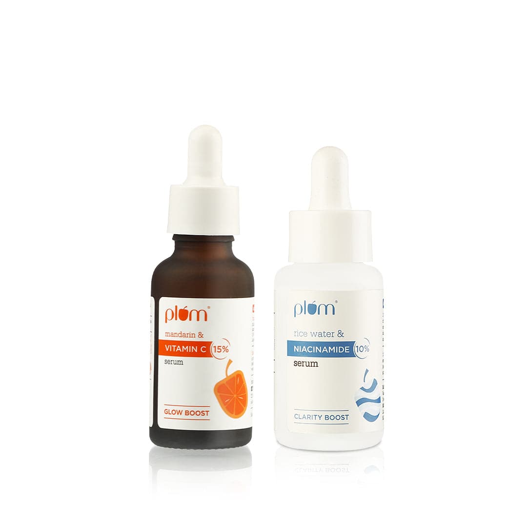 Plum Glow & Clarify Serum Combo, 15% Vitamin C Serum with Mandarin, 30ml & 10% Niacinamide Face Serum with Rice Water 30ml | Brightens Skin & Fights Hyperpigmentation
